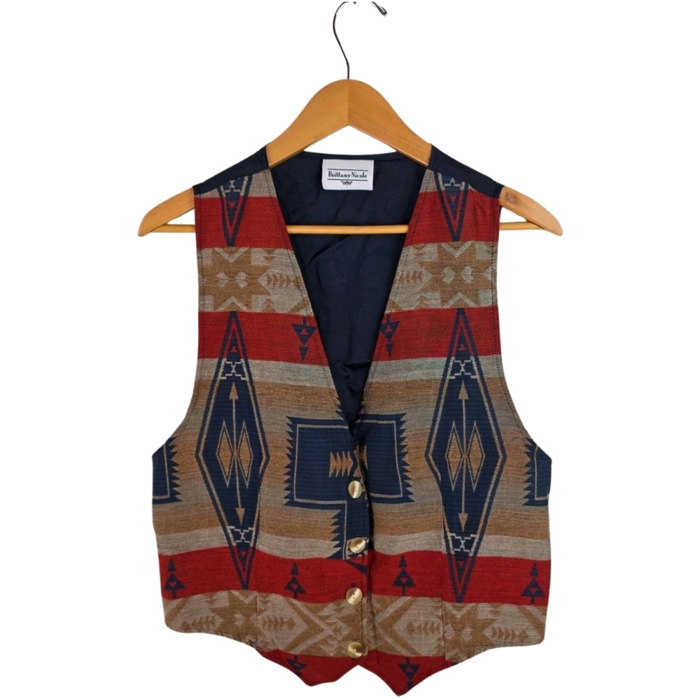 Vintage Tribal Patterned Vest with Buttons Women Size Medium Blue Red Beige Tan